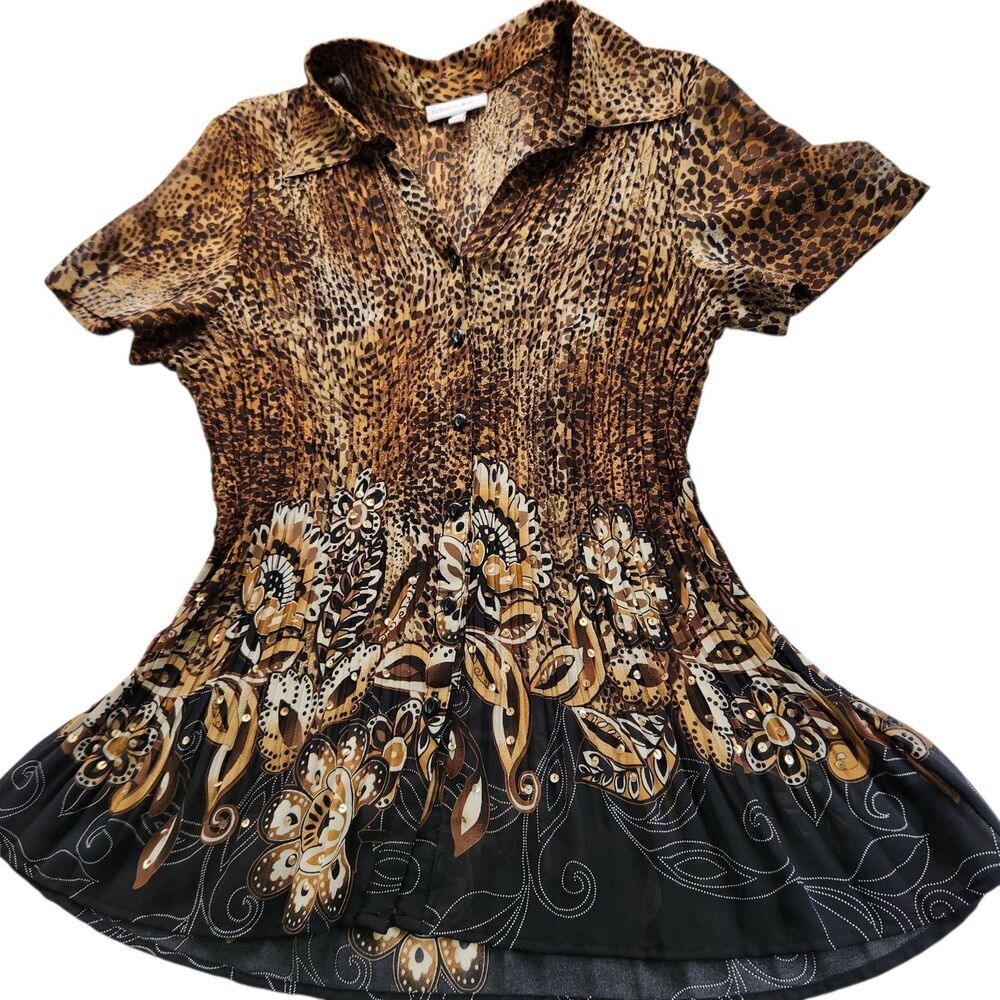 Fashion Bug Top Size XL Pleated Animal Print Short Sleeve Sheer Top